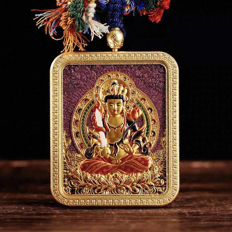 Tibetan Style Vermilion Thangka with Double-sided Carving Birth Buddha Pendant for Protection