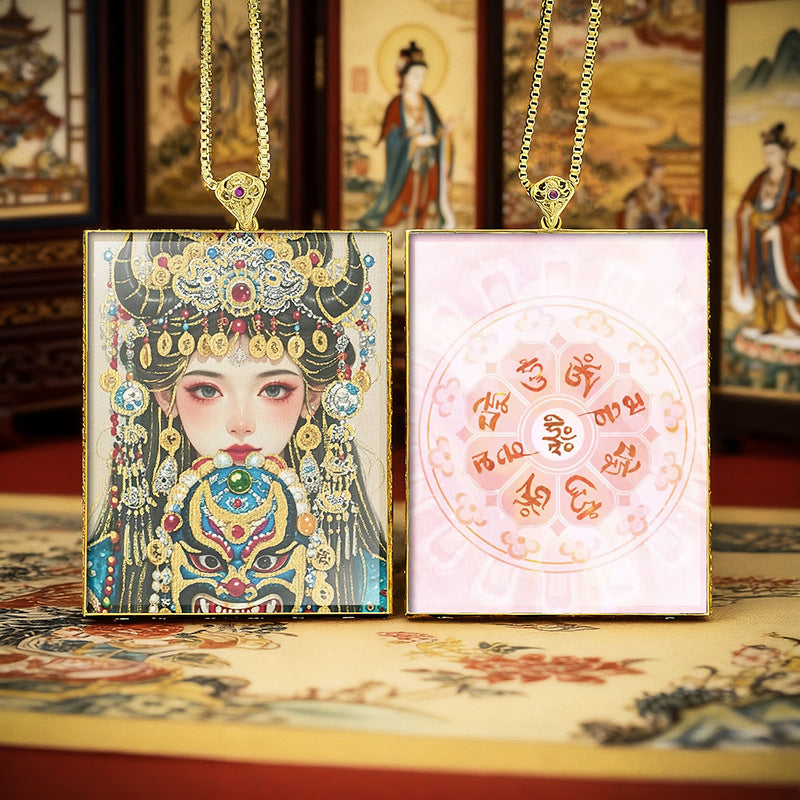 Gold Outlined Green Tara Zaki Lam Thangka Necklace