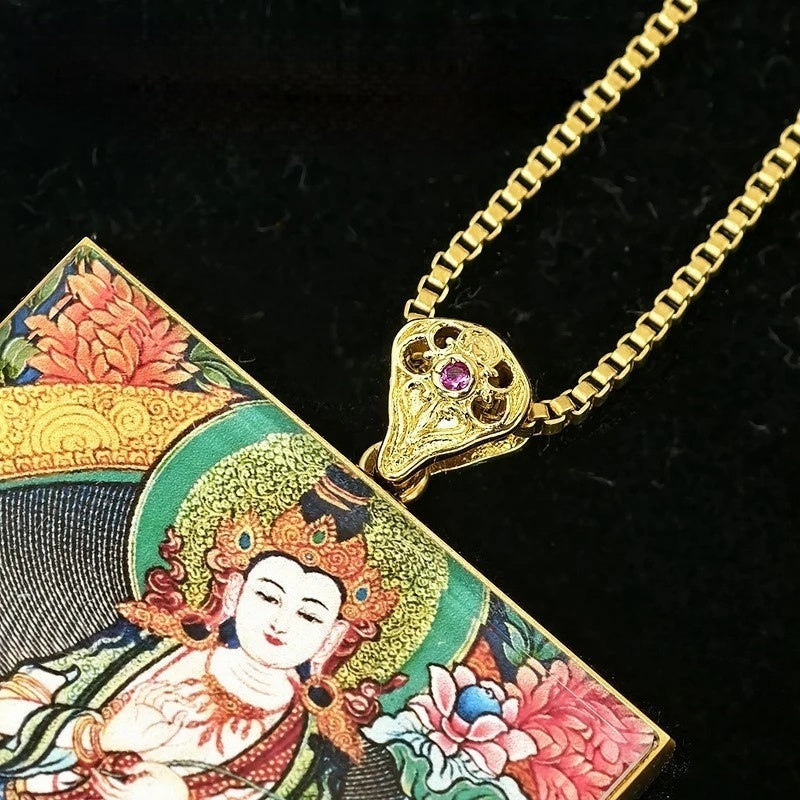 Gold Outlined Green Tara Zaki Lam Thangka Necklace