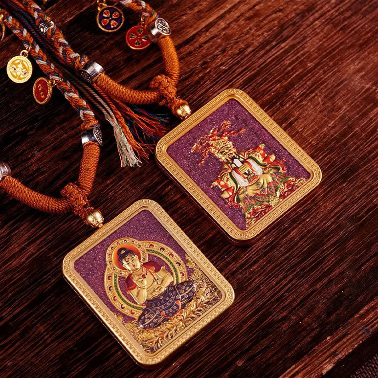 Tibetan Style Vermilion Thangka with Double-sided Carving Birth Buddha Pendant for Protection