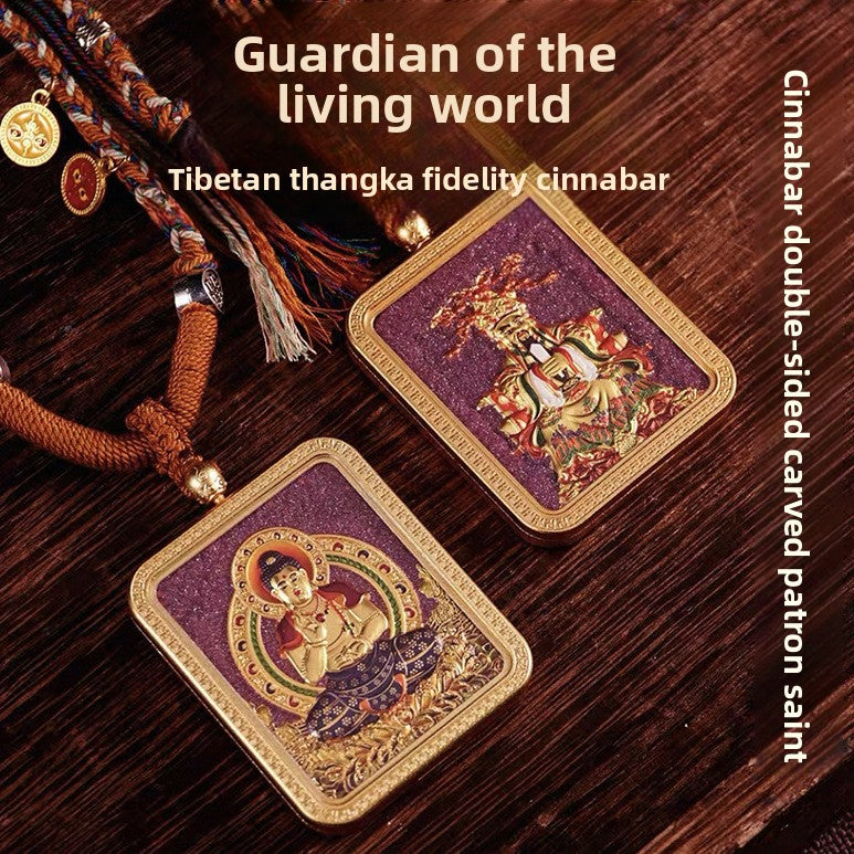 Tibetan Style Vermilion Thangka with Double-sided Carving Birth Buddha Pendant for Protection