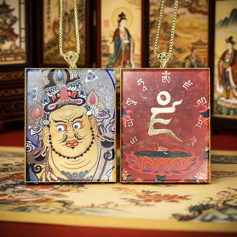 Gold Outlined Green Tara Zaki Lam Thangka Necklace