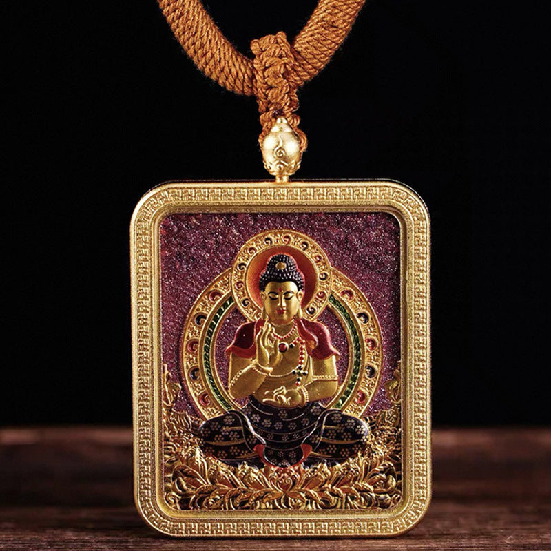 Tibetan Style Vermilion Thangka with Double-sided Carving Birth Buddha Pendant for Protection