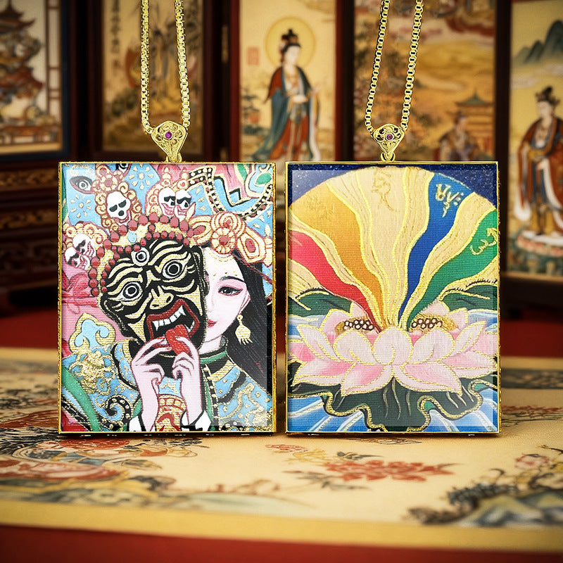 Gold Outlined Green Tara Zaki Lam Thangka Necklace