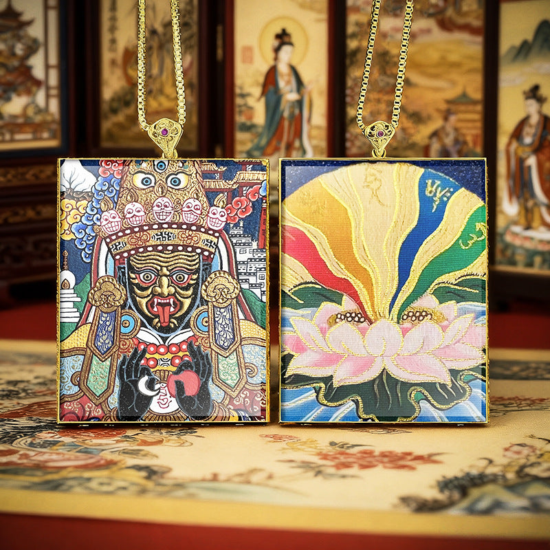 Gold Outlined Green Tara Zaki Lam Thangka Necklace