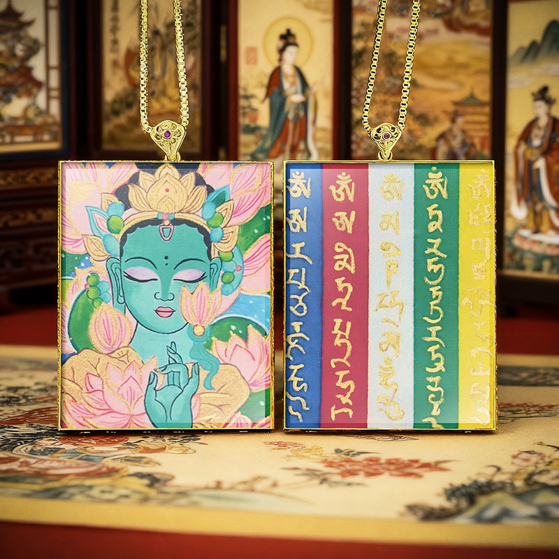 Gold Outlined Green Tara Zaki Lam Thangka Necklace