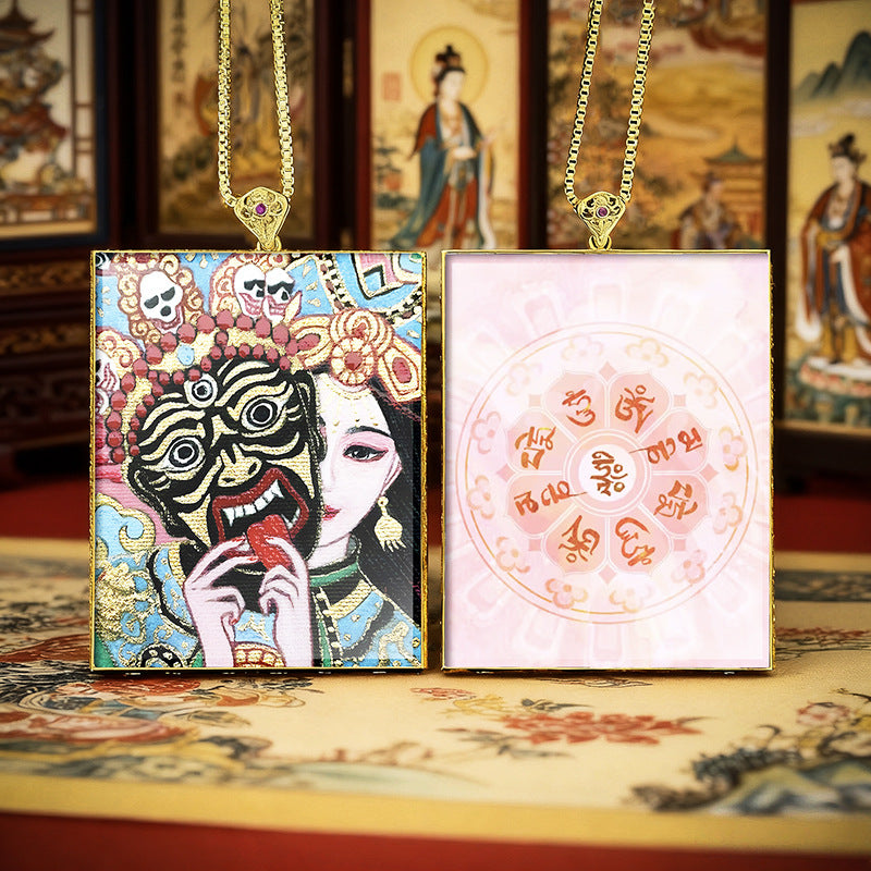 Gold Outlined Green Tara Zaki Lam Thangka Necklace