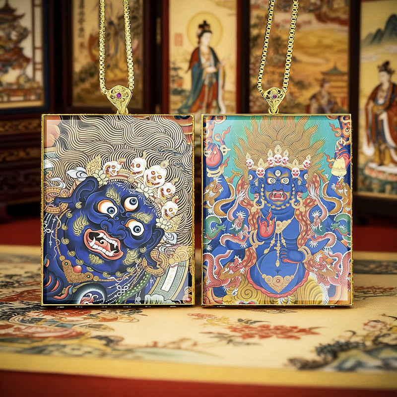 Gold Outlined Green Tara Zaki Lam Thangka Necklace