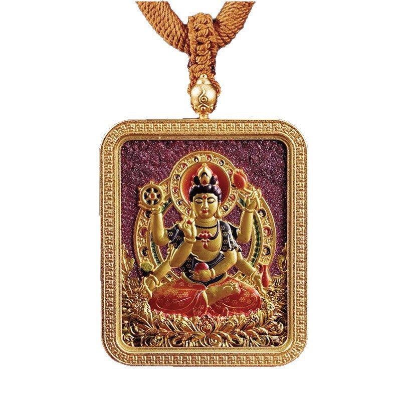 Tibetan Style Vermilion Thangka with Double-sided Carving Birth Buddha Pendant for Protection