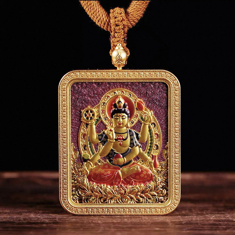 Tibetan Style Vermilion Thangka with Double-sided Carving Birth Buddha Pendant for Protection