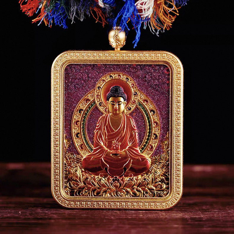 Tibetan Style Vermilion Thangka with Double-sided Carving Birth Buddha Pendant for Protection