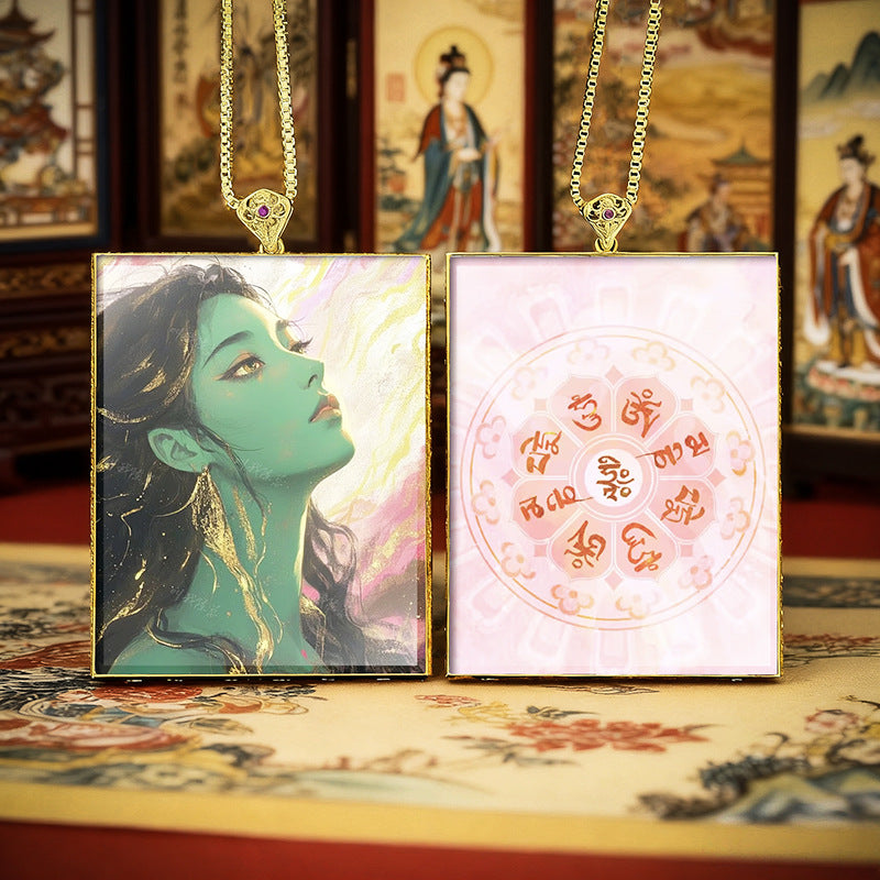 Gold Outlined Green Tara Zaki Lam Thangka Necklace