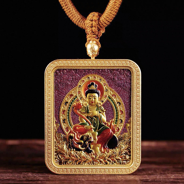 Tibetan Style Vermilion Thangka with Double-sided Carving Birth Buddha Pendant for Protection