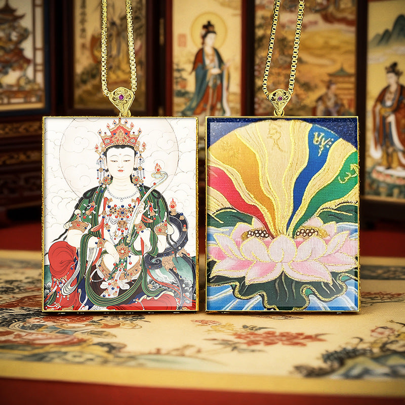 Gold Outlined Green Tara Zaki Lam Thangka Necklace